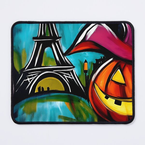 Item preview, Festive Halloween Art with Smiling Jack o Lanterns Framing Eiffel Tower - Vivid Abstract Background designed and sold by OlfactoART Studio.