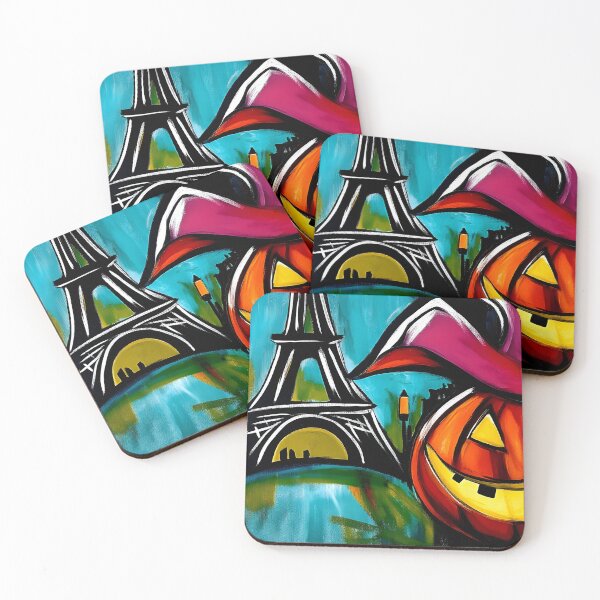 Item preview, Festive Halloween Art with Smiling Jack o Lanterns Framing Eiffel Tower - Vivid Abstract Background designed and sold by OlfactoART Studio.