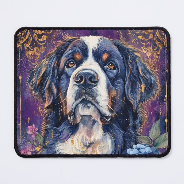 Item preview, BERNESE Mountain Dog into pink & blue flowers vintage style designed and sold by WallyPink.