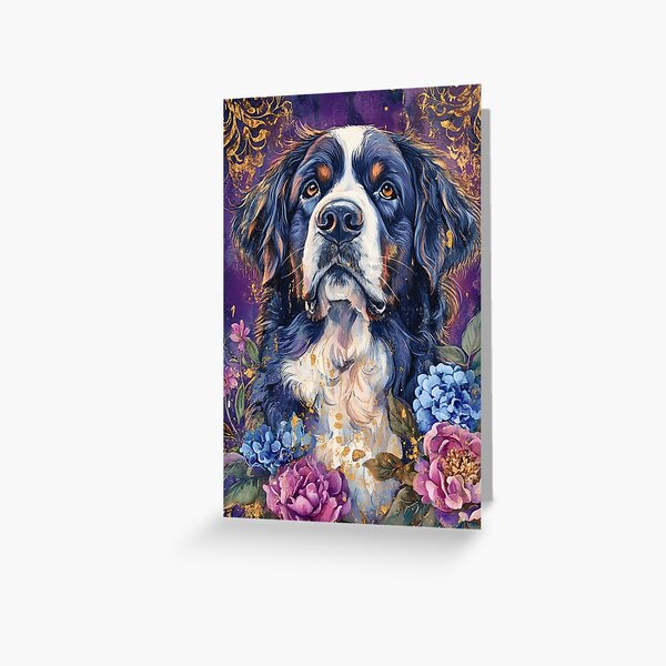 Item preview, BERNESE Mountain Dog into pink & blue flowers vintage style designed and sold by WallyPink.