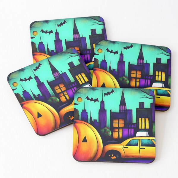 Item preview, Vibrant Halloween Cityscape- New York Yellow Taxi, Large Jack o Lantern with Witch Hat AI Generated designed and sold by OlfactoART Studio.