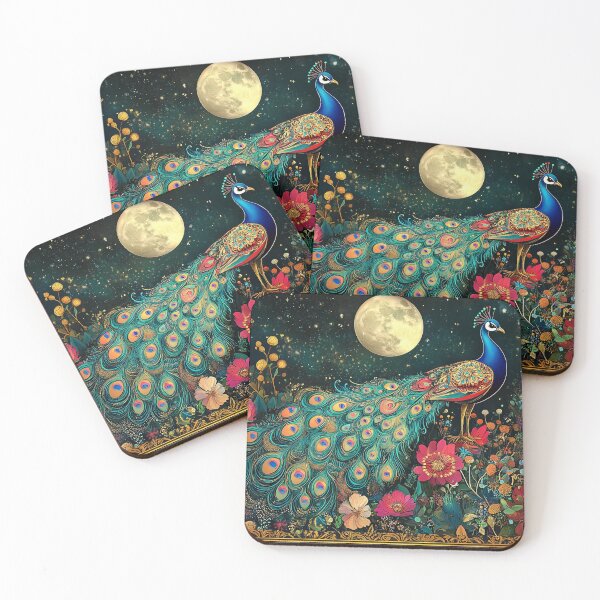Item preview, Peacock in colourful garden under moonlight designed and sold by BeatnikBuddha.