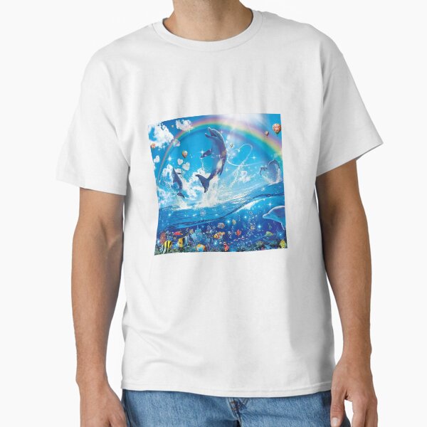 Vista previa del artículo con la obra «Delfines sinfónicos Frutiger Aero», diseñado y vendido por iwannitonashirt.