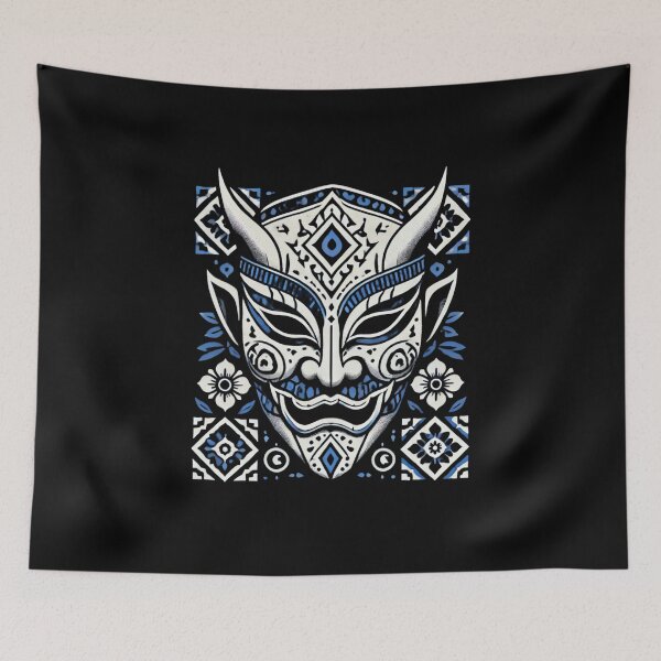 Item preview, Phi Ta Khon Mask with Tunisian Tile Design – Blue & White Cultural Artwork designed and sold by MrDRK1536.