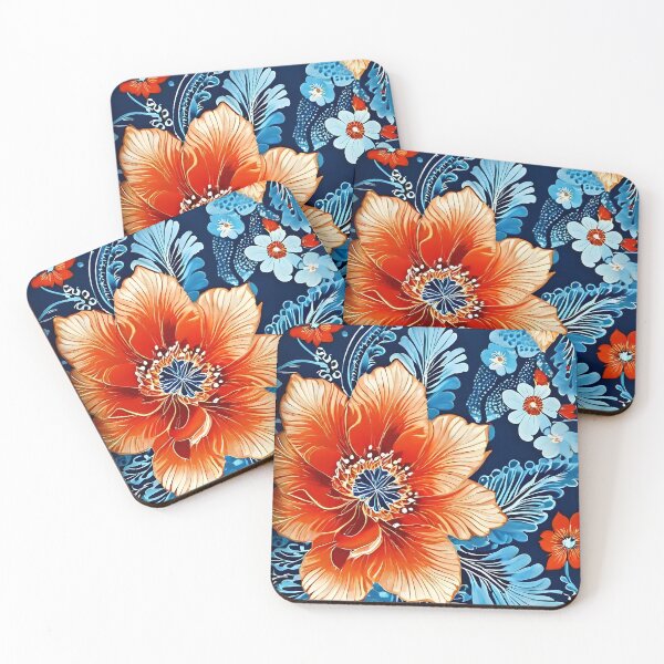 Item preview, BOHO BOTANICAL BAROQUE BOUQUET ~ Floral Flowers ~ Blue Orange Black ~ Anemone Cosmos designed and sold by Spinning Plates 360.