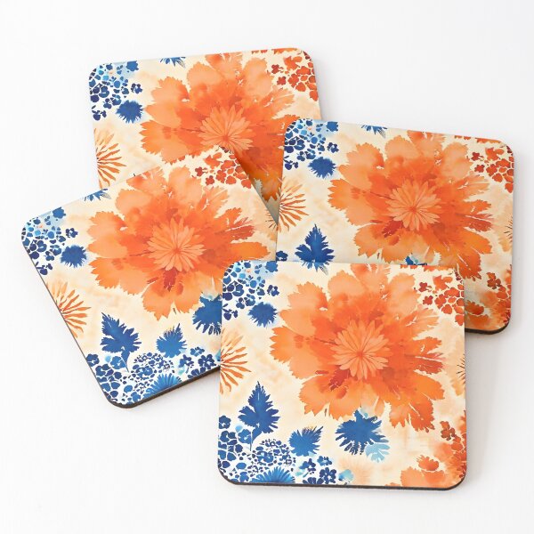Item preview, BOHO BOTANICAL BAROQUE BOUQUET ~ Floral Flowers ~ Orange Blue ~ Japanese Sumi E Watercolors designed and sold by Spinning Plates 360.