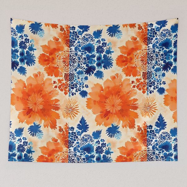 Item preview, BOHO BOTANICAL BAROQUE BOUQUET ~ Floral Flowers ~ Orange Blue ~ Japanese Sumi E Watercolors designed and sold by Spinning Plates 360.