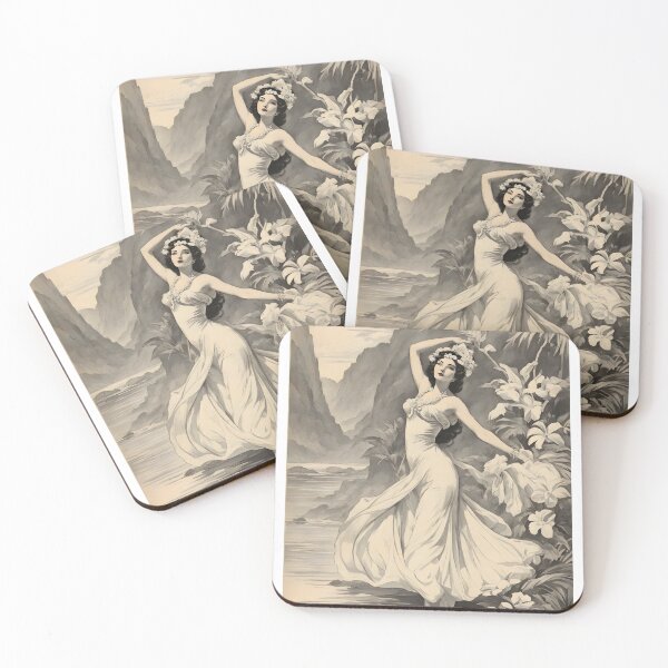 Item preview, VINTAGE HAWAIIAN GODDESS ~ Tropical Hawaii ~ Retro Black & White ~ Hawaiiana Woman Lady Art Poster Print designed and sold by Spinning Plates 360.