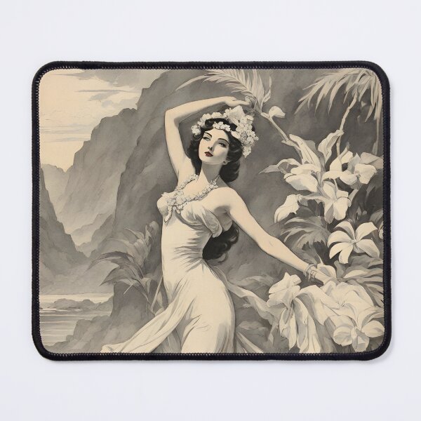 Item preview, VINTAGE HAWAIIAN GODDESS ~ Tropical Hawaii ~ Retro Black & White ~ Hawaiiana Woman Lady Art Poster Print designed and sold by Spinning Plates 360.