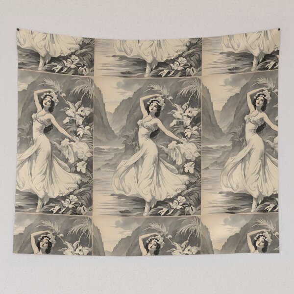 Item preview, VINTAGE HAWAIIAN GODDESS ~ Tropical Hawaii ~ Retro Black & White ~ Hawaiiana Woman Lady Art Poster Print designed and sold by Spinning Plates 360.