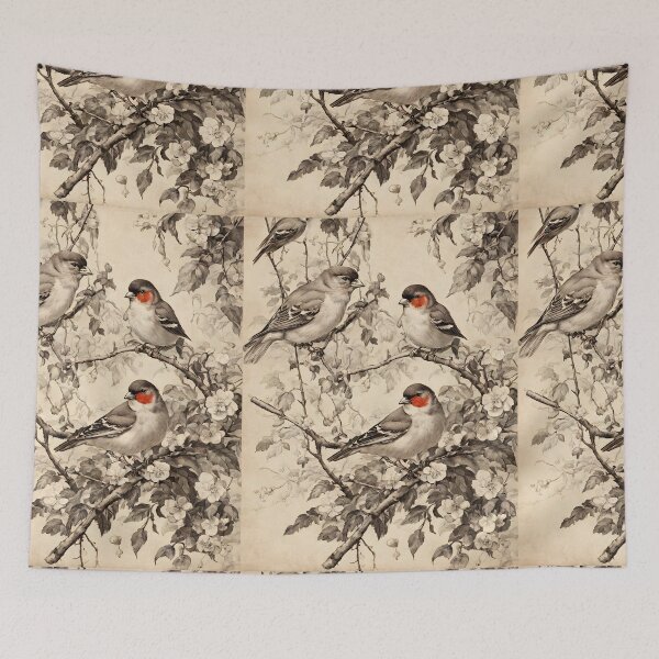 Item preview, VINTAGE FINCH BIRDS ~ English Garden ~ Retro Black & White ~ Bird Lovers Art Gift Art Poster Print designed and sold by Spinning Plates 360.