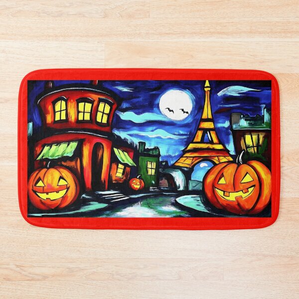 Item preview, Whimsical Halloween Art with Brightly Lit Jack o Lanterns and Eiffel Tower - Full Moon and Vivid Colors Digital Art designed and sold by OlfactoART Studio.