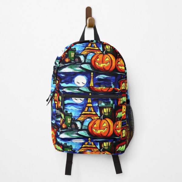Item preview, Whimsical Halloween Art with Brightly Lit Jack o Lanterns and Eiffel Tower - Full Moon and Vivid Colors Digital Art designed and sold by OlfactoART Studio.