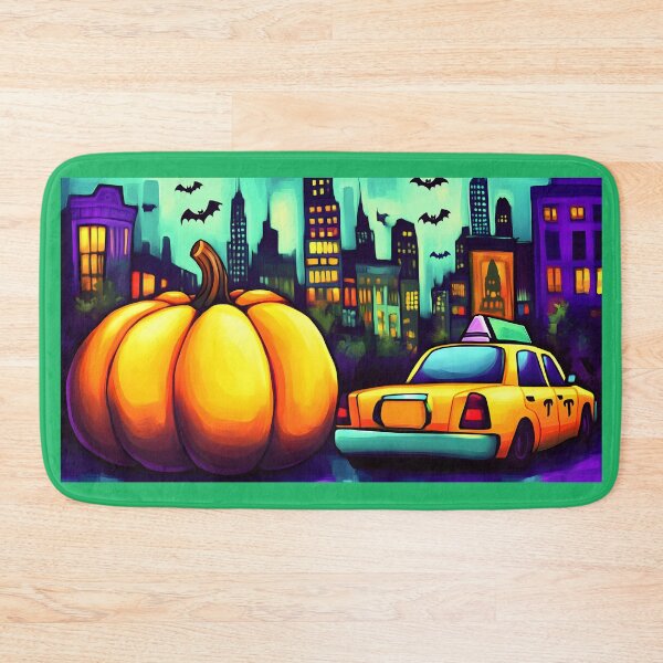 Item preview, Giant Pumpkin with Yellow Taxi and New York City Skyline- Bats Flying in the Night Sky for Halloween AI Generated designed and sold by OlfactoART Studio.