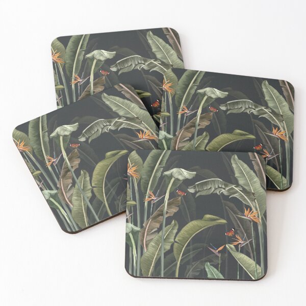Item preview, pattern tropical forest  wallpaper with palm panna trees, plants butterflies and black background  designed and sold by hAITHAM1985.