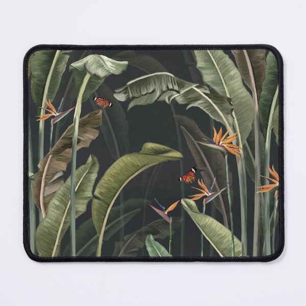 Item preview, pattern tropical forest wallpaper with palm panna trees, plants butterflies and black background designed and sold by hAITHAM1985.
