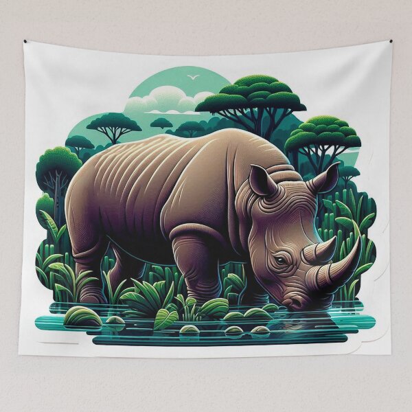 Item preview, Majestic Javan Rhinoceros Grazing in a Lush Tropical Swamp designed and sold by KreaDesignOne.