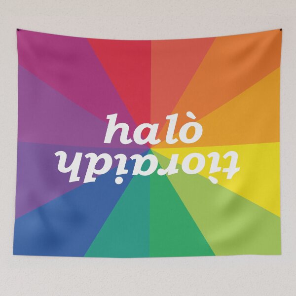 Item preview, halò tìoraidh (hello cherrio in Scottish Gaelic) with rainbow brust background designed and sold by Mamaidh Made.