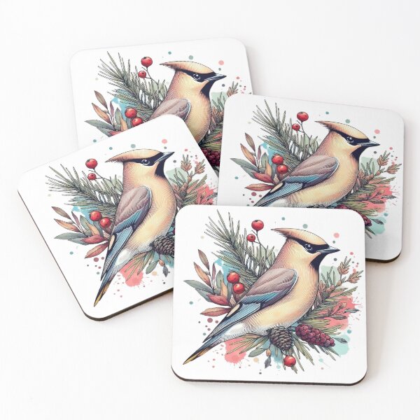 Item preview, A beautiful colorful Cedar Waxwing bird with various leaves and fruits designed and sold by Marcoshop10.
