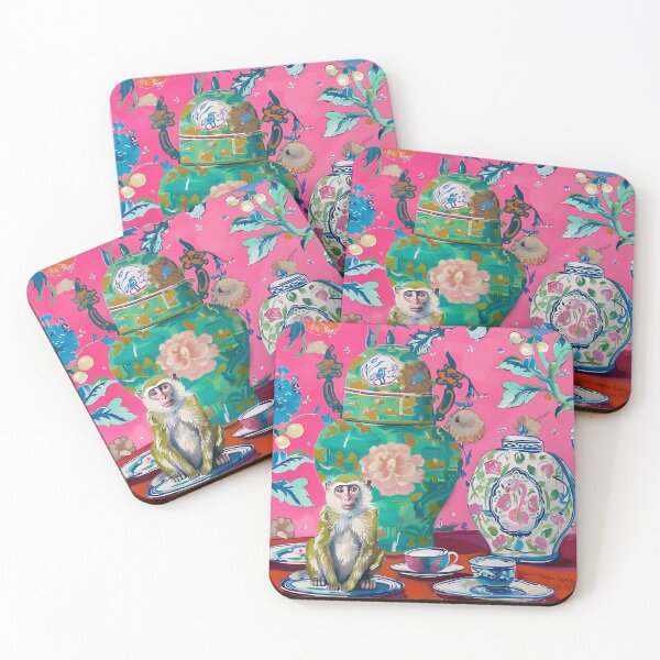 Item preview, Grandmillennial art, Monkey in pink chinoiserie interior designed and sold by SophieClimaArt.