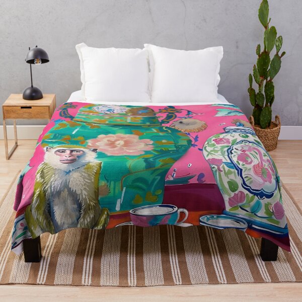 Item preview, Grandmillennial art, Monkey in pink chinoiserie interior designed and sold by SophieClimaArt.