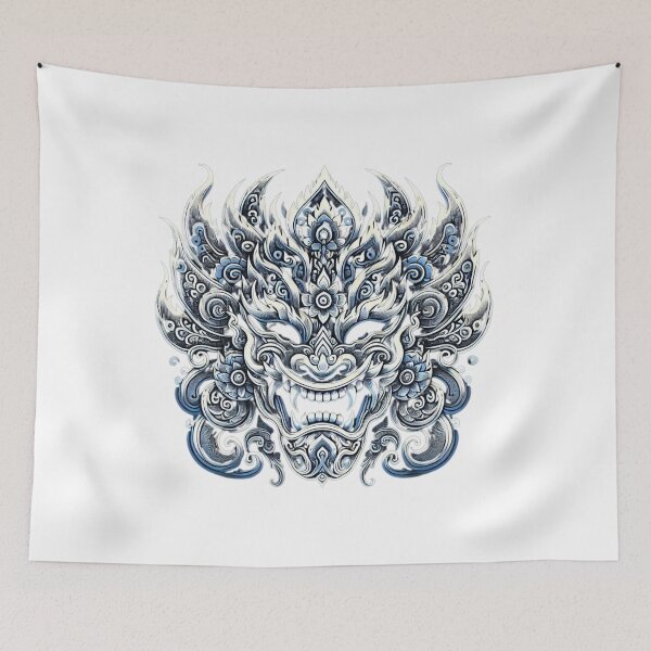 Item preview, Ornate Blue & White Phi Ta Khon Mask – Intricate Thai Festival Art designed and sold by MrDRK1536.