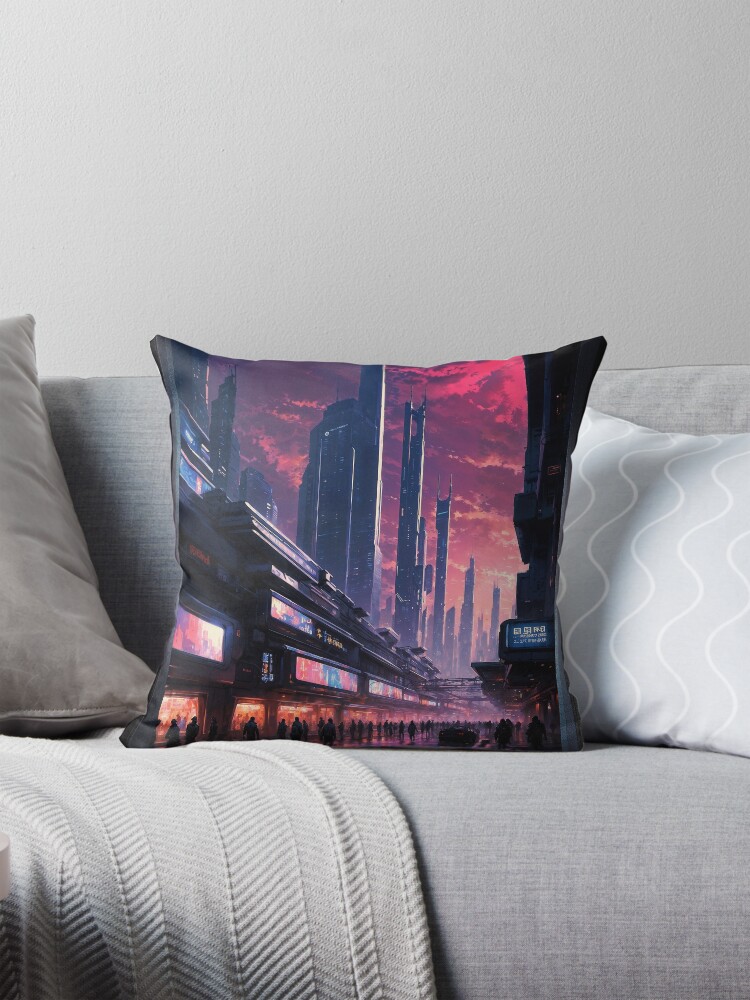 The Cyberpunk Neon Metropolis Of Trelvore AI Concept Art by Xzendor7 - Captivating Cityscape 4 The Cyberpunk Neon Metropolis Of Trelvore Mysterious AI Concept Art by Xzendor7 Decorative Art Print Throw Pillow