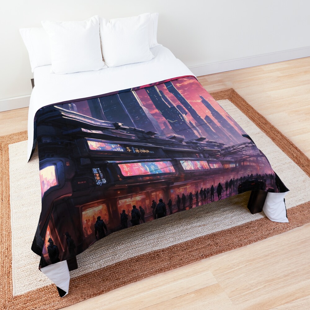 The Cyberpunk Neon Metropolis Of Trelvore AI Concept Art by Xzendor7 - Captivating Cityscape 3 The Cyberpunk Neon Metropolis Of Trelvore Mysterious AI Concept Art by Xzendor7 Decorative Art Print Comforter