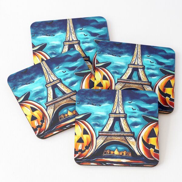 Item preview, Whimsical Halloween Art with Jack o Lanterns in Witch Hats and Eiffel Tower - Bats and Dramatic Generative AI designed and sold by OlfactoART Studio.