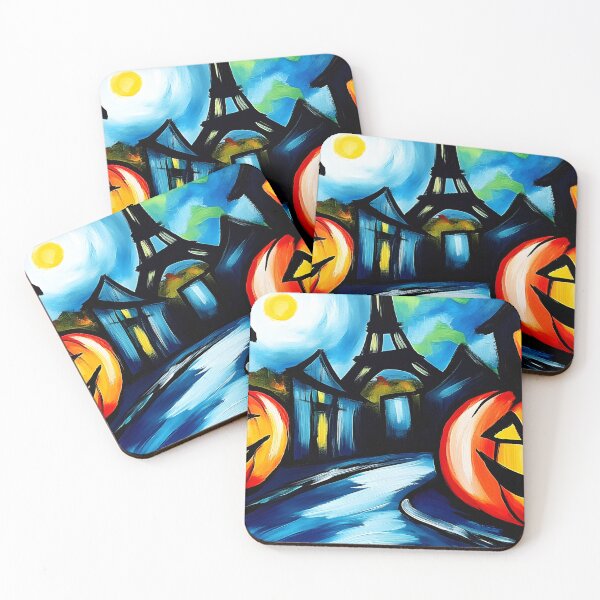 Item preview, Vibrant Halloween Art with Glowing Jack o Lanterns and Eiffel Tower - Bright Abstract Colors Digital Art designed and sold by OlfactoART Studio.