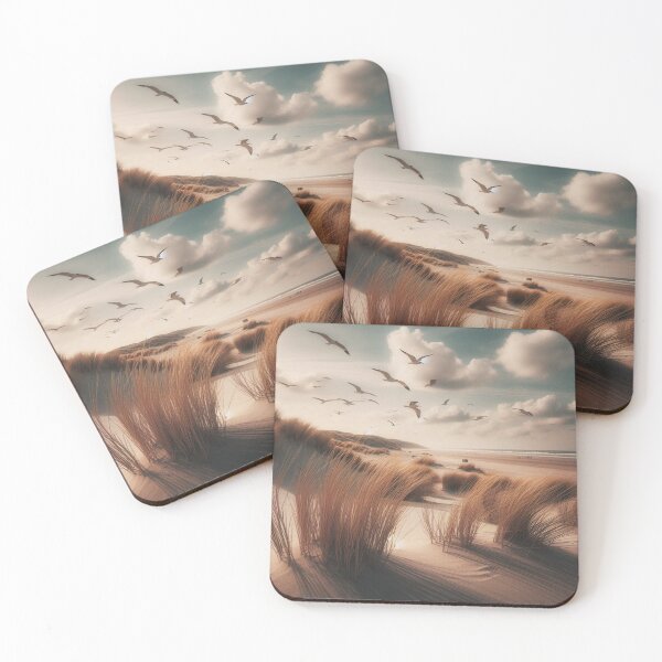 Item preview, Peaceful dune landscape: tufts of grass and seagulls in the sky above a quiet beach designed and sold by FotoworldEdel.