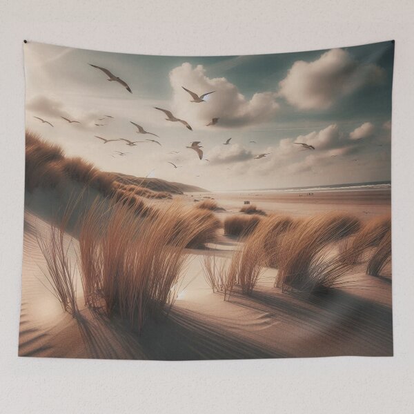 Item preview, Peaceful dune landscape: tufts of grass and seagulls in the sky above a quiet beach designed and sold by FotoworldEdel.