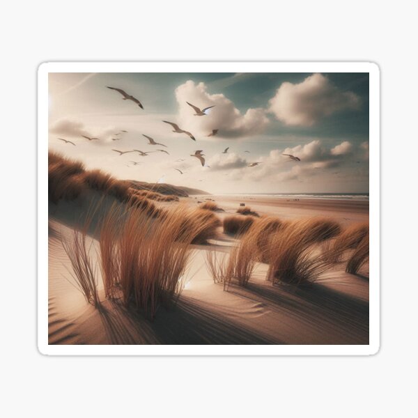 Peaceful dune landscape: tufts of grass and seagulls in the sky above a quiet beach Sticker