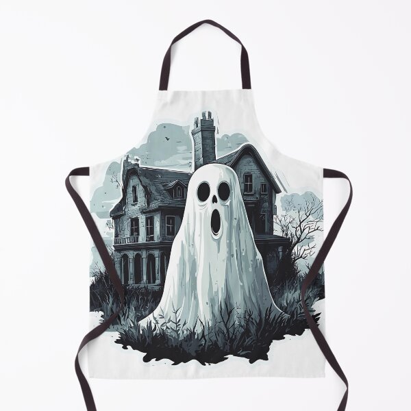 Aperçu de l'œuvre Autocollant d'Halloween représentant une maison hantée avec un fantôme effrayant créée et vendue par Creet-Design.