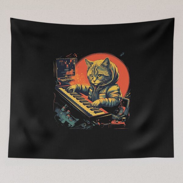 Item preview, A cat in a hoodie playing a synthesizer designed and sold by TeeTemptation.