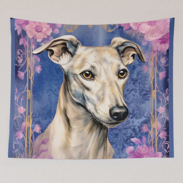 Item preview, cute WHIPPET dog into pink flowers retro artwork designed and sold by WallyPink.