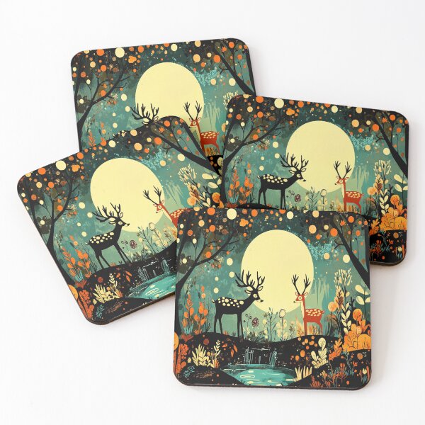 Item preview, Colourful deer in a autumn moonlit forests designed and sold by BeatnikBuddha.