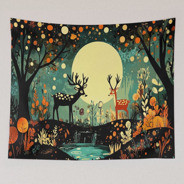 Item preview, Colourful deer in a autumn moonlit forests designed and sold by BeatnikBuddha.