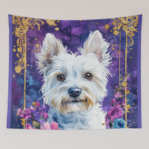 Item preview, WESTIE west highland white terrier dog into pink flowers vintage artwork designed and sold by WallyPink.