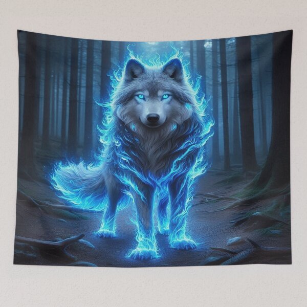 Item preview, Glowing Blue Fire Wolf Spirit in Dark Forest designed and sold by Visionary Vibez.
