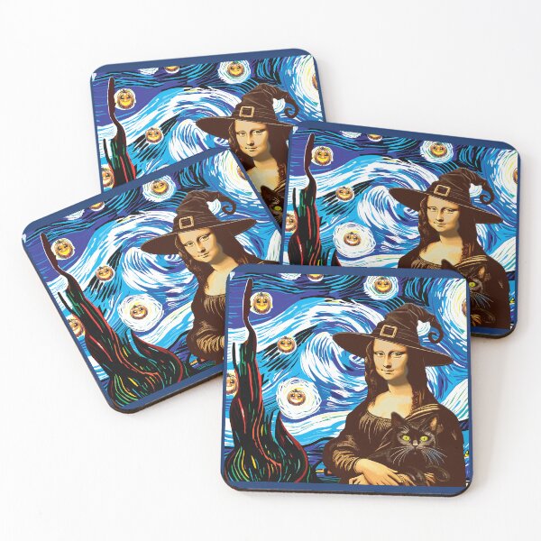 Item preview, Mona Lisa as Witch with a Black Cat in Starry Night designed and sold by VibeHiveThreads.