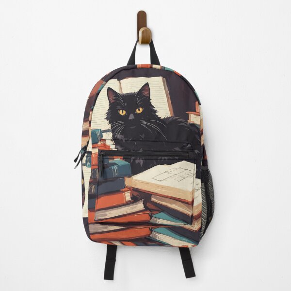 Item preview, cute black cat with bookstack, bookstore designed and sold by Catophile.