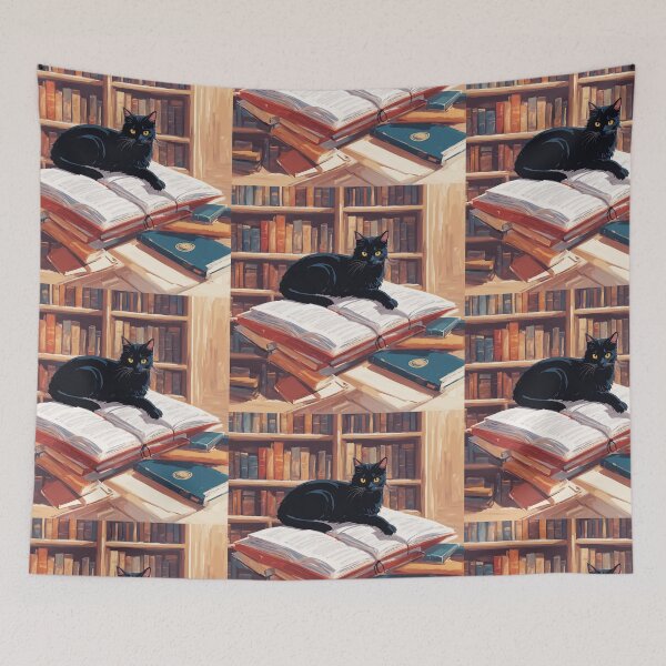 Item preview, Black Cat in Library Laying on Open Book - Perfect Art for Cat Lovers  bookstack,  bookstore designed and sold by Catophile.