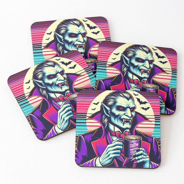 Artikelvorschau, Synth Wave Vampir trinkt Kaffee entworfen und verkauft von Travelcases.