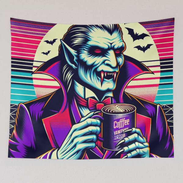 Artikelvorschau, Synth Wave Vampir trinkt Kaffee entworfen und verkauft von Travelcases.