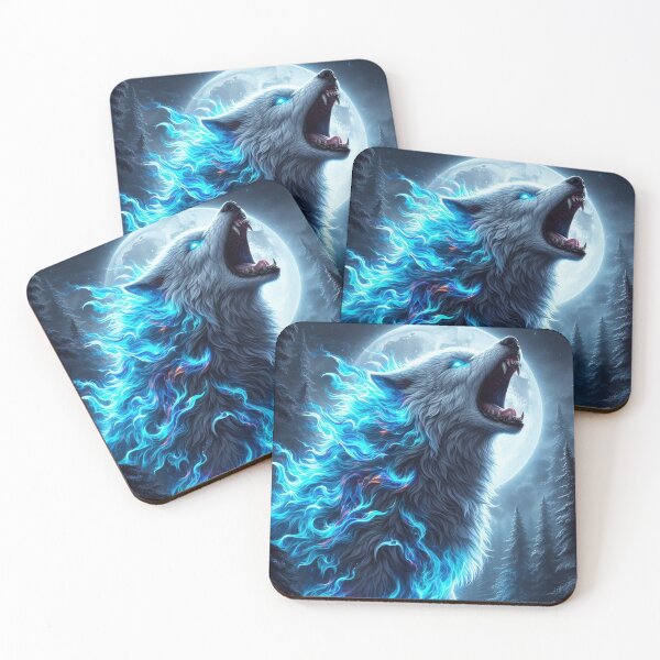 Item preview, Silver Blue Fiery Wolf Howling Under Full Moon designed and sold by Visionary Vibez.