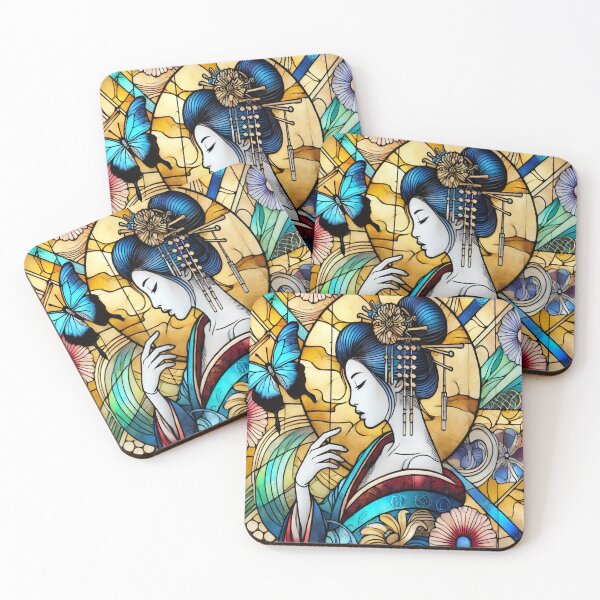 Item preview, Elegant Geisha and Butterfly Stained Glass Art – Japanese Serenity designed and sold by SakuraJapanArt.