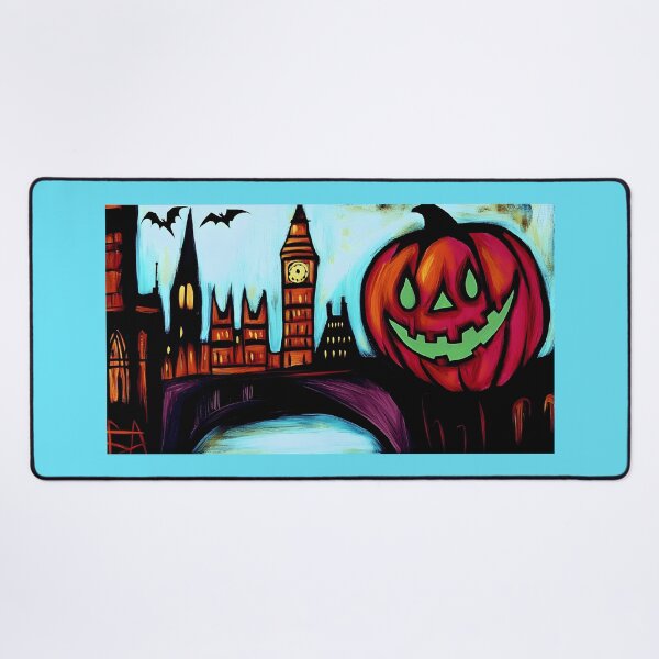 Item preview, Giant Glowing Jack o Lantern Face with Big Ben and London Cityscape - Bats and Eerie Halloween Generative AI designed and sold by OlfactoART Studio.
