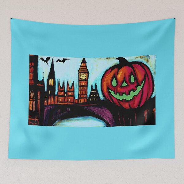 Item preview, Giant Glowing Jack o Lantern Face with Big Ben and London Cityscape - Bats and Eerie Halloween Generative AI designed and sold by OlfactoART Studio.
