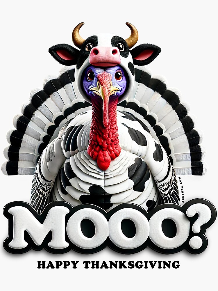 Thumbnail 3 of 3, Sticker, Mooo? Happy Thanksgiving designed and sold by zeeteezofficial.
